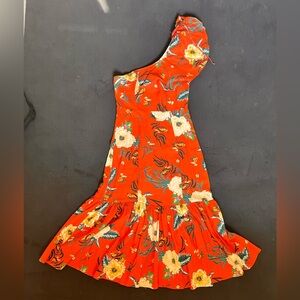 One shoulder linen dress, orange with green and yellow floral
